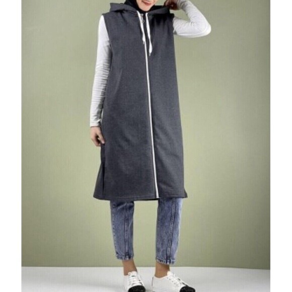 Moda Pinhan Sleeveless Sweatshirt Full Zip Hoodie Vest‎ Long Above Knee Size 44 - Picture 3 of 9